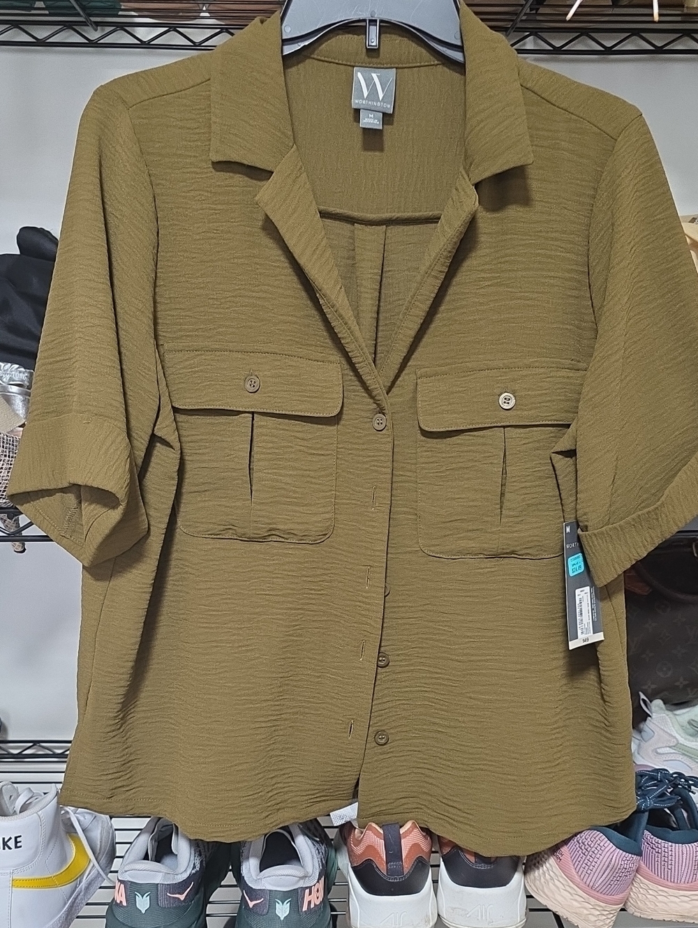 Women's Olive Short-Sleeve Button Shirt